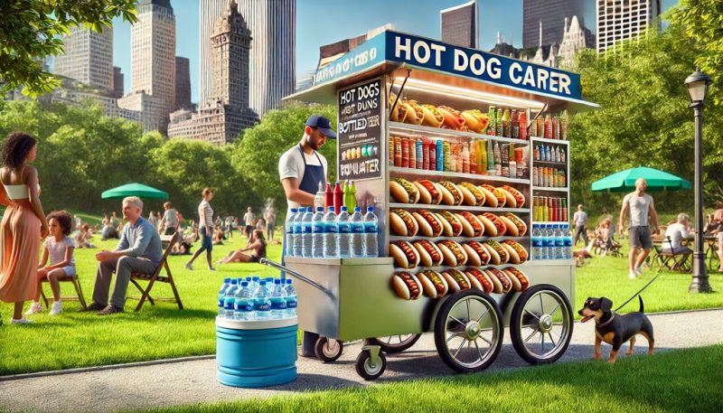 water cart - selling bottled water from a hot dog cart