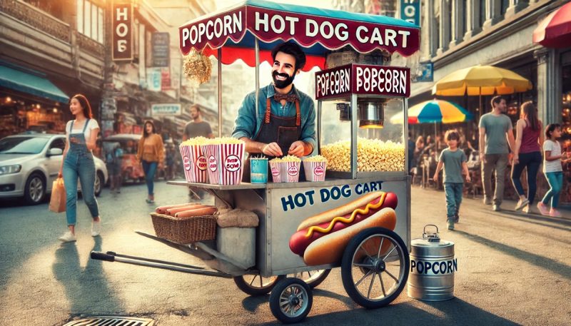 Selling other things (popcorn) from hot dog cart