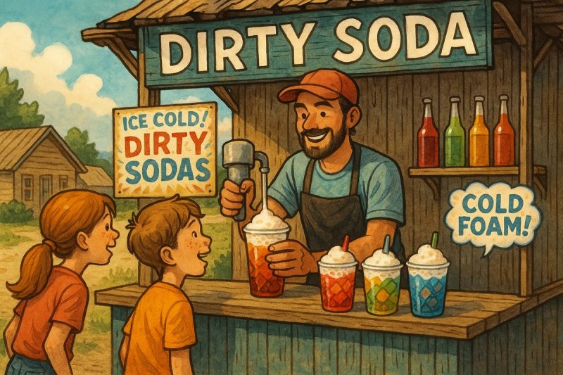 A vendor in a small rural town serving dirty sodas with colorful syrups and cold foam toppings