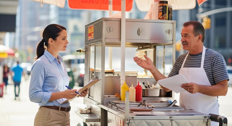 Hot Dog Vendor Dealing With Health Inspector